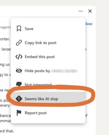 The LinkedIn three-dot post menu with the “Seems like AI slop” option circled